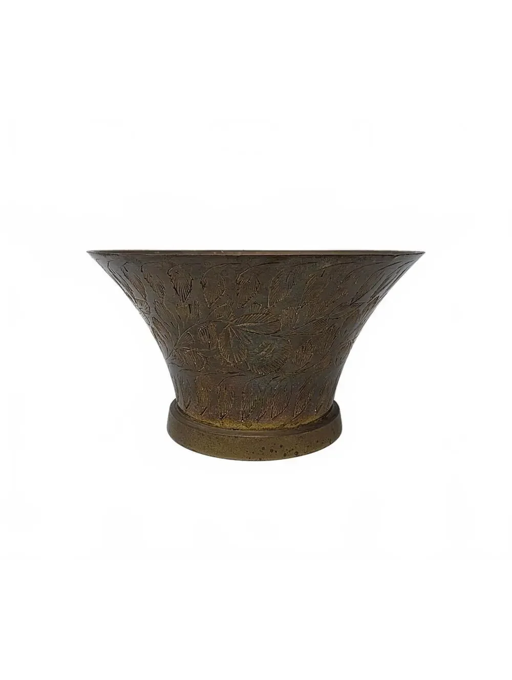 Vintage Indian Brass Pedestal Bowl Hand Engraved Floral Catchall 4.25 Inch